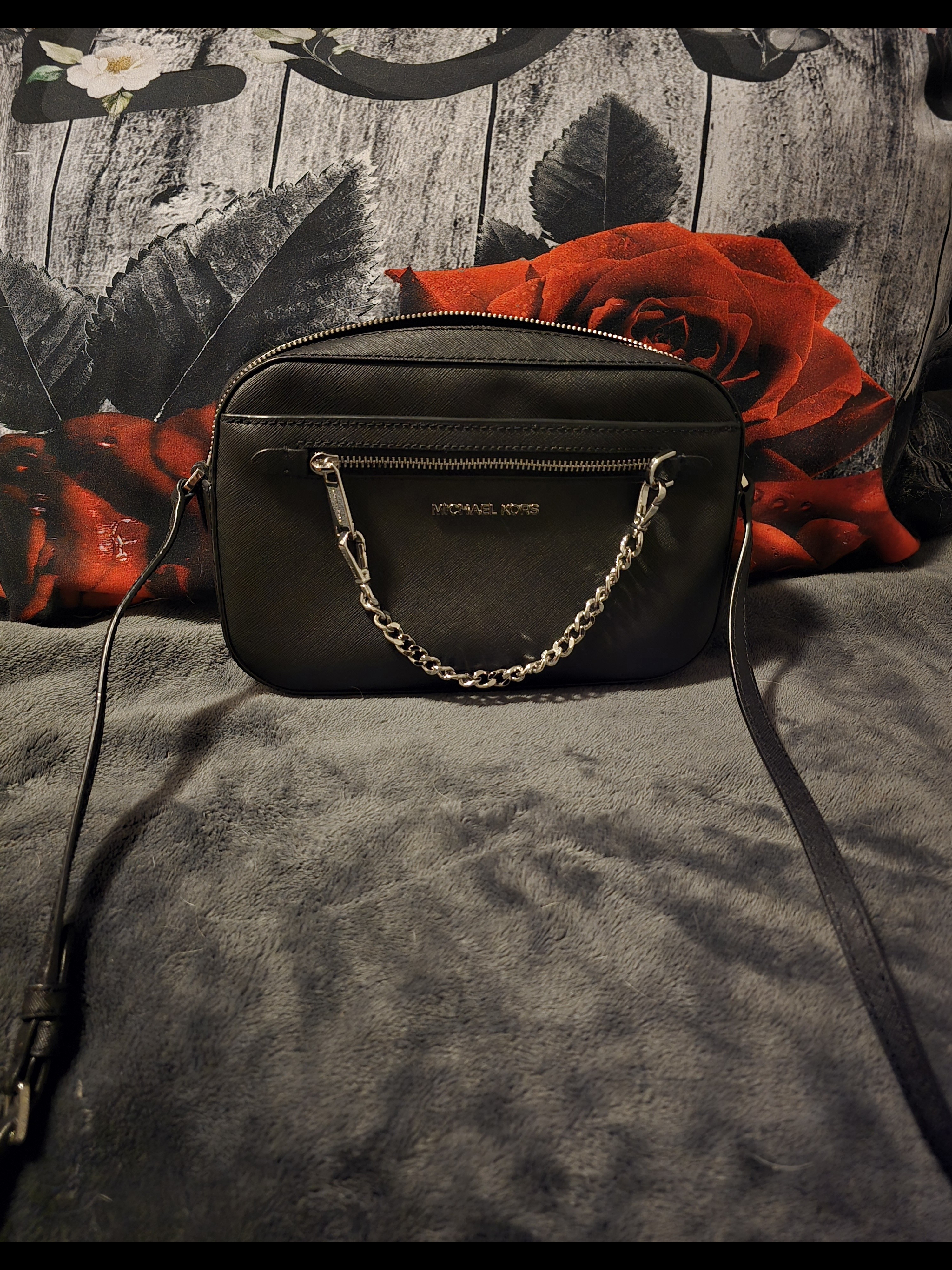 Michael Kors Black Leather Crossbody With Silver Chain Detail